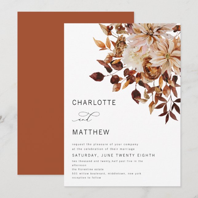 Boho Rustic Herbst Herbst verlässt Blumenhochzeit Einladung (Vorne/Hinten)