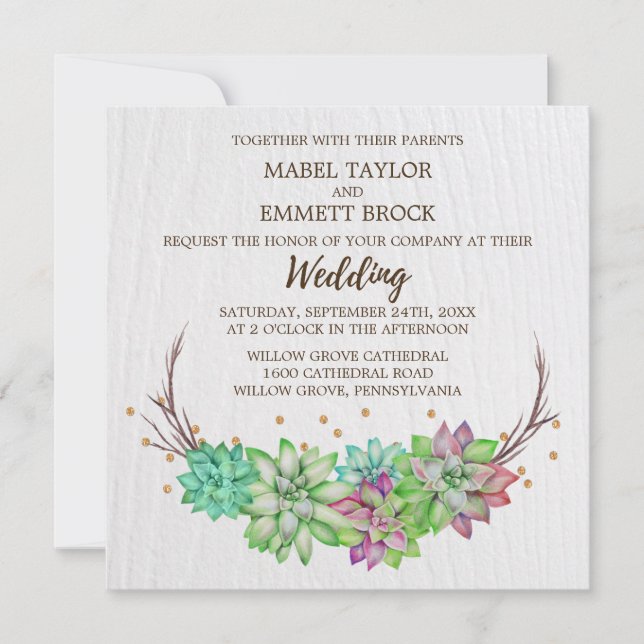 Boho Rustic Mint Floral Succulent Square Hochzeit Einladung (Vorderseite)