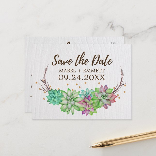 Boho Rustic Mint Floral Sukkulent Save the Date Ankündigungspostkarte (Vorderseite/Rückseite Beispiel)