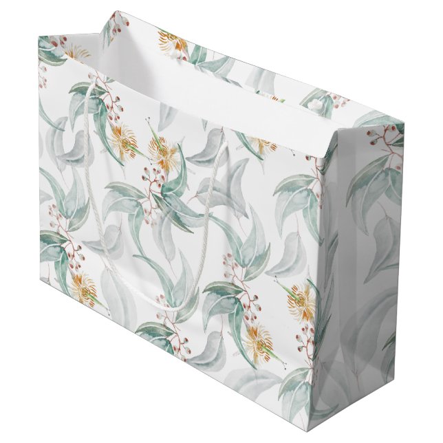 Boho Rustic Minze Watercolor Eucalyptus Floral Große Geschenktüte (Vorderseite Schrägansicht)