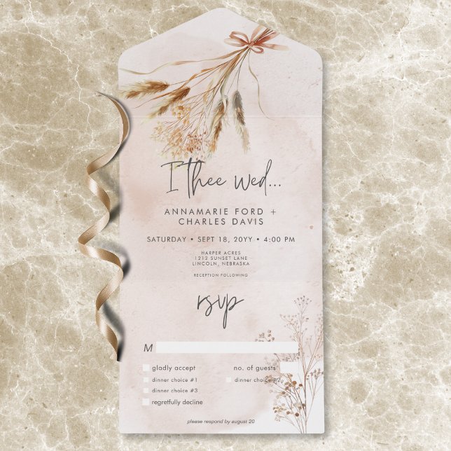 Boho Rustic Pampas & Driving Grass Bouquet Dinner All In One Einladung (Boho Rustic Pampas & Dried Grass Bouquet Dinner All In One Invitation)