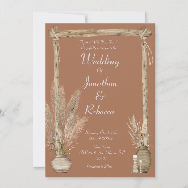 Boho Rustic Pampas Earthy Mariage Brown Invitation (Devant)