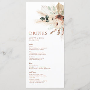 Boho Rustic Pampas Floral Mariage Menu & Boissons