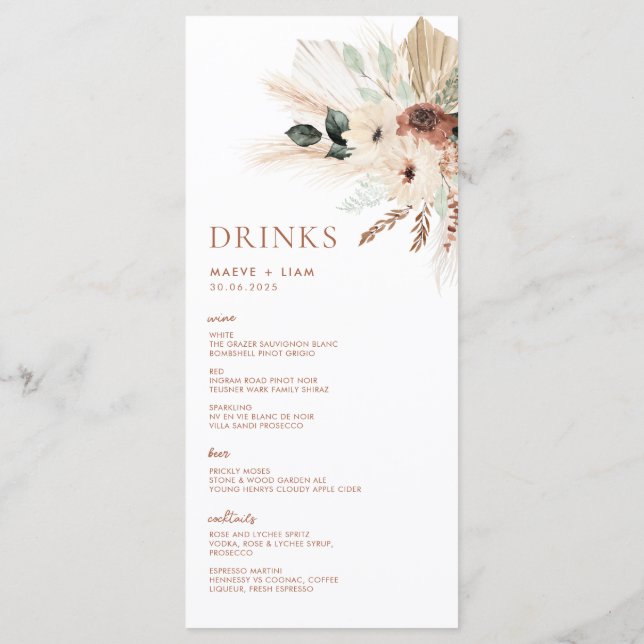 Boho Rustic Pampas Floral Wedding Menu & Drinks Menükarte (Rückseite)