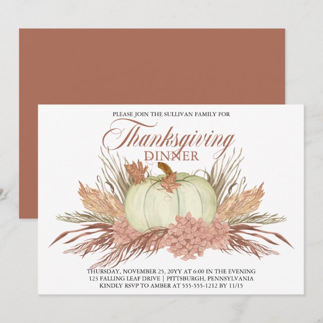 Boho Rustic Pampas Grass | Pumpkin-Erntedank Einladung (Vorne/Hinten)