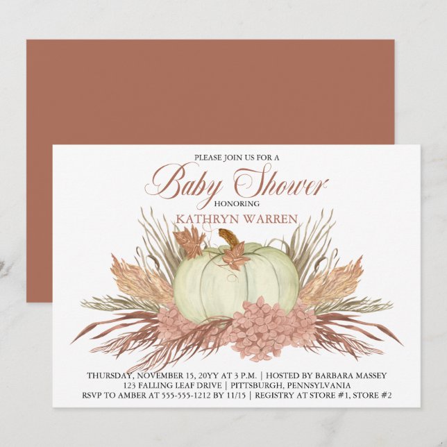 Boho Rustic Pampas Grass |Pumpkin Girl Babydusche Einladung (Vorne/Hinten)