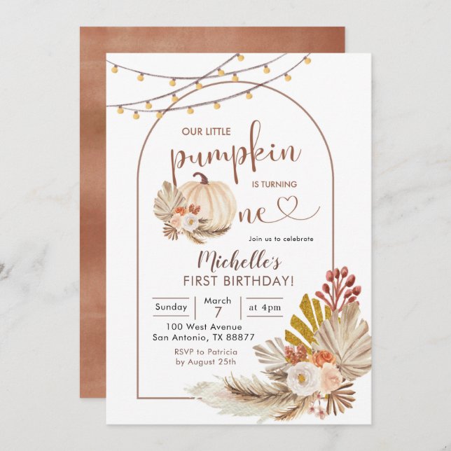 Boho Rustic Pampas Grass White Pumpkin Geburtstag Einladung (Vorne/Hinten)