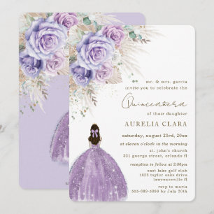 Boho Rustic Pampas Lila Floral Quinceañera Einladung