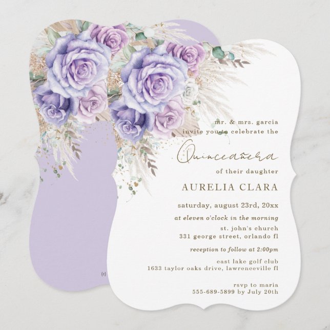 Boho Rustic Pampas Lila Lilac Floral Quinceañera Einladung (Vorne/Hinten)