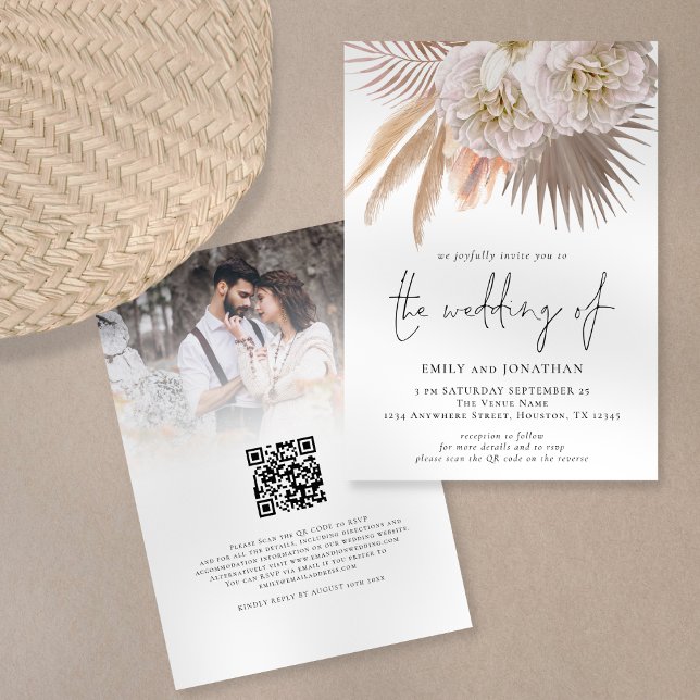 Boho Rustic Pampas Script QR Code Foto Wedding Einladung (Von Creator hochgeladen)