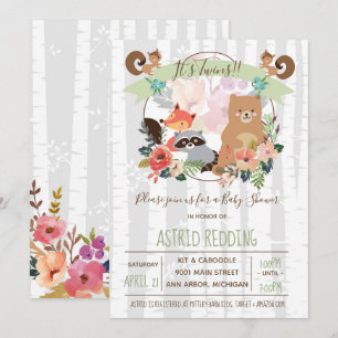 Boho Rustic Spring Birch Woodland Twins Dusche Einladung