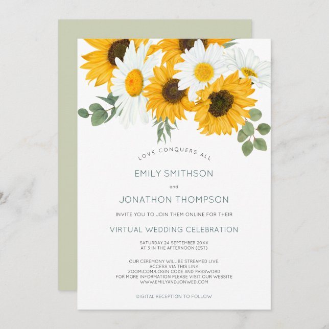 Boho Rustic Sunflowers Verlasse Virtual Wedding Einladung (Vorne/Hinten)