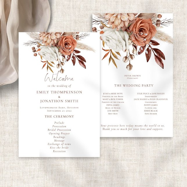 Boho Rustic Terracotta Florals Hochzeitsprogramm (Front and back view)