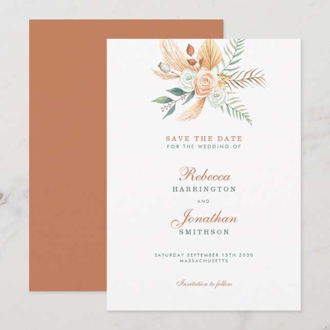 Boho Rustic Terracotta Hochzeit retten Datum Einladung (Vorne/Hinten)