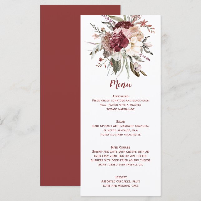 Boho Rustic Terracotta Peach Marsala Wedding Menu Menükarte (Vorne/Hinten)
