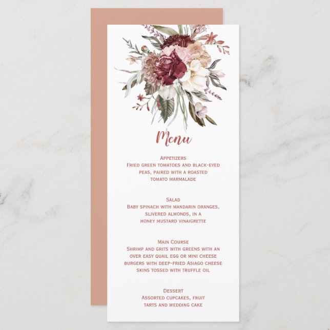 Boho Rustic Terracotta Peach Marsala Wedding Menu Menükarte (Vorne/Hinten)