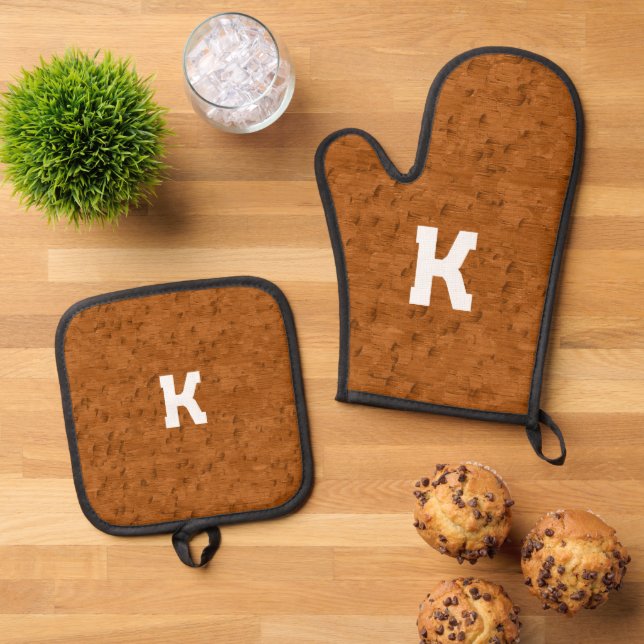 Boho Rustic Textured Wood braun personalisiert Ofenhandschuh & Topflappen-Set (Oben Unten)