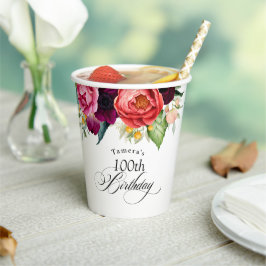 Boho Rustic Watercolor Floral 100. Geburtstagspart Pappbecher