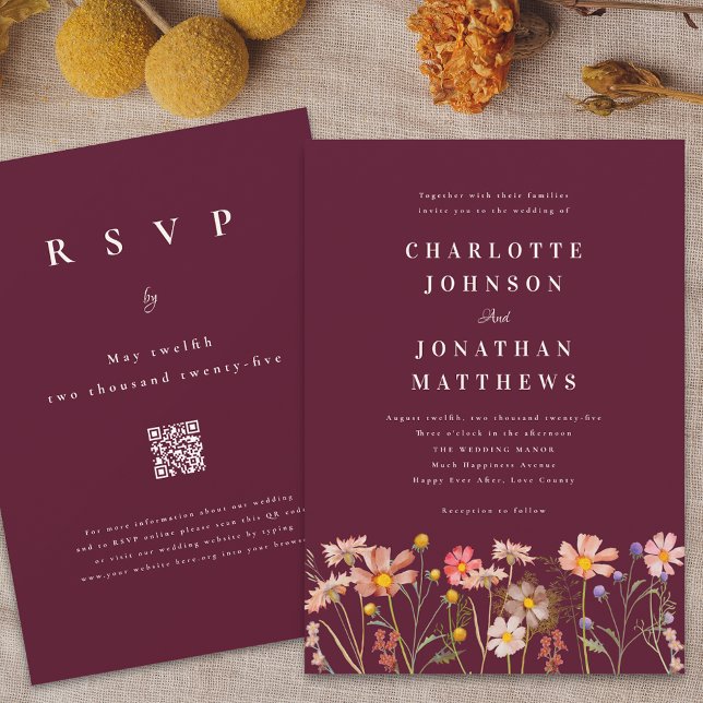 Boho Rustic Wildblume Burgundy Wedding Einladung (Boho wildflower meadow burgundy wedding invitation Elegant modern stylish watercolor florals)