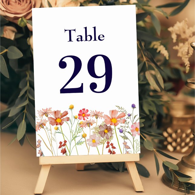 Boho Rustic Wildblume Floral Navy Blue Wedding Tischnummer (Boho fall wildflower meadow floral navy blue and white wedding table number card Elegant modern )
