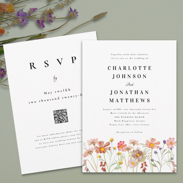 Boho Rustic Wildblume Floral QR Code Einladung (Boho rustic Colorful Wildflower floral Wedding invitation watercolor flowers elegant typography )