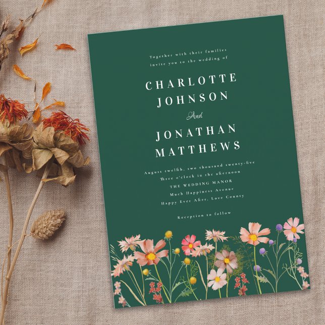 Boho Rustic Wildblume Green Wedding Einladung (Boho rustic Wildflower floral dark green Wedding invitation Watercolor flowers elegant modern )