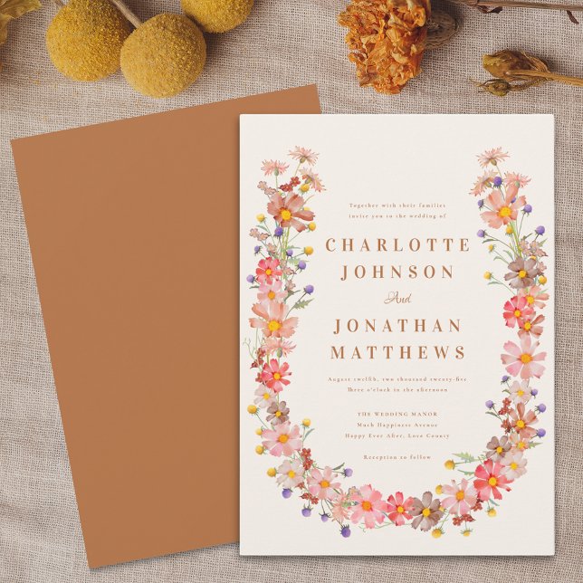 Boho Rustic Wildblume Hochzeit im Herbst Einladung (Boho floral wreath fall wedding invitation Terracotta burnt orange beige watercolor autumn colors)