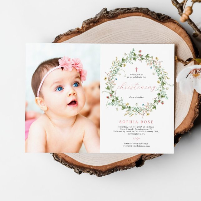 Boho Rustic Wildblumen Foto Christening Einladung (Von Creator hochgeladen)