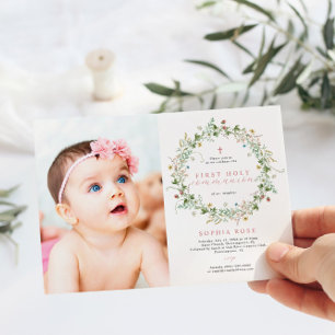 Boho Rustic Wildblumen Foto Erste Heilige Kommune Einladung