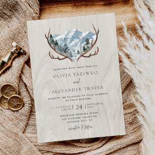 Boho Rustic Wood Antlers Mountain Hochzeit Einladung