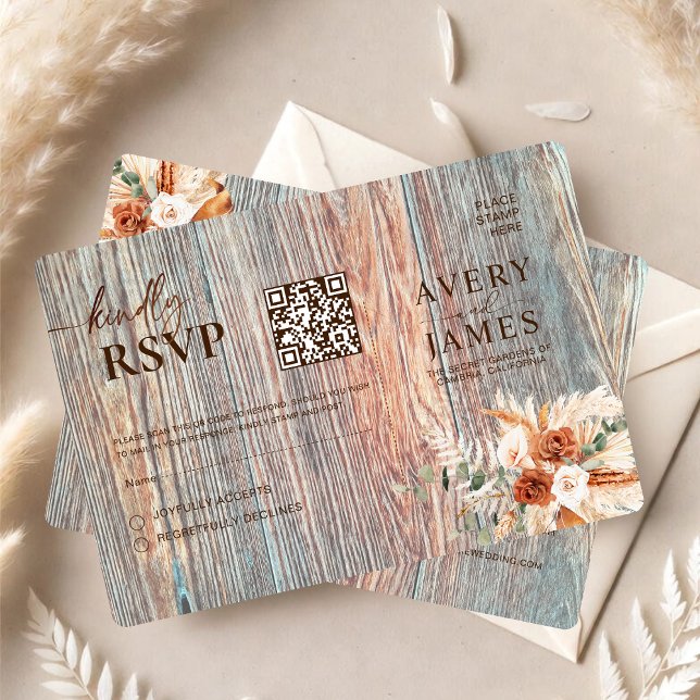 Boho Rustic Wood Grain QR Code RSVP Card Karte (Von Creator hochgeladen)