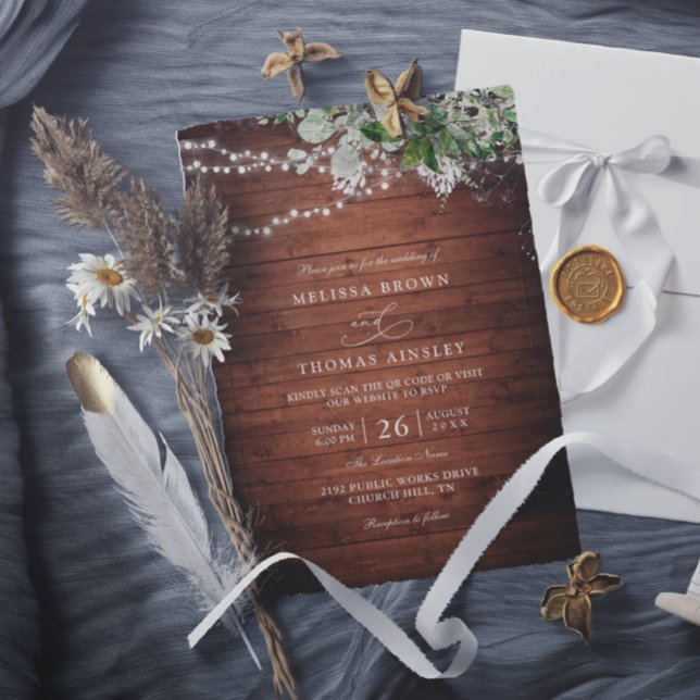 Boho Rustic Wood Greenery Elegant QR Code Wedding Einladung (Von Creator hochgeladen)