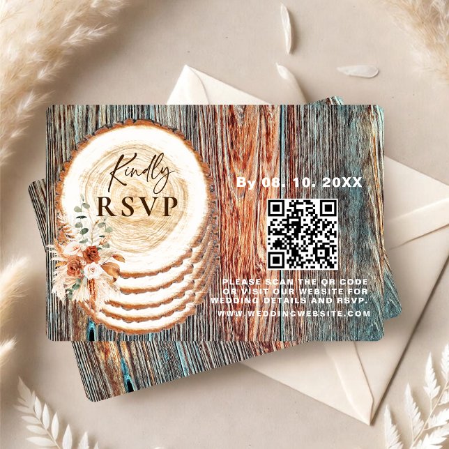 Boho Rustic Wood Slice RSVP Card with QR Code Karte (Von Creator hochgeladen)