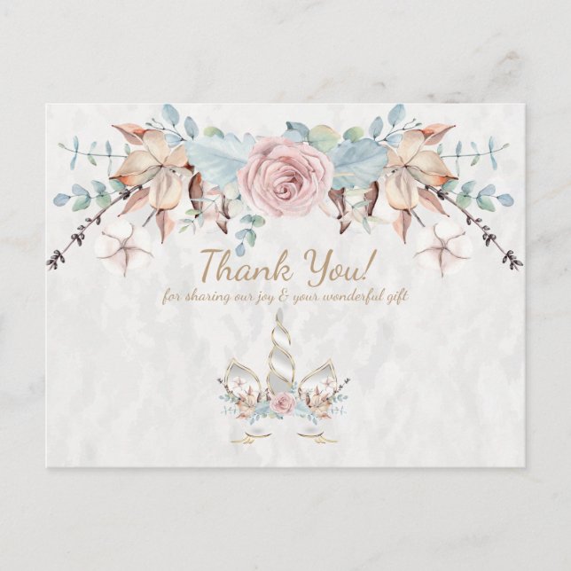 Boho Rustic Woodland Floral Unicorn Vielen Dank Postkarte (Vorderseite)