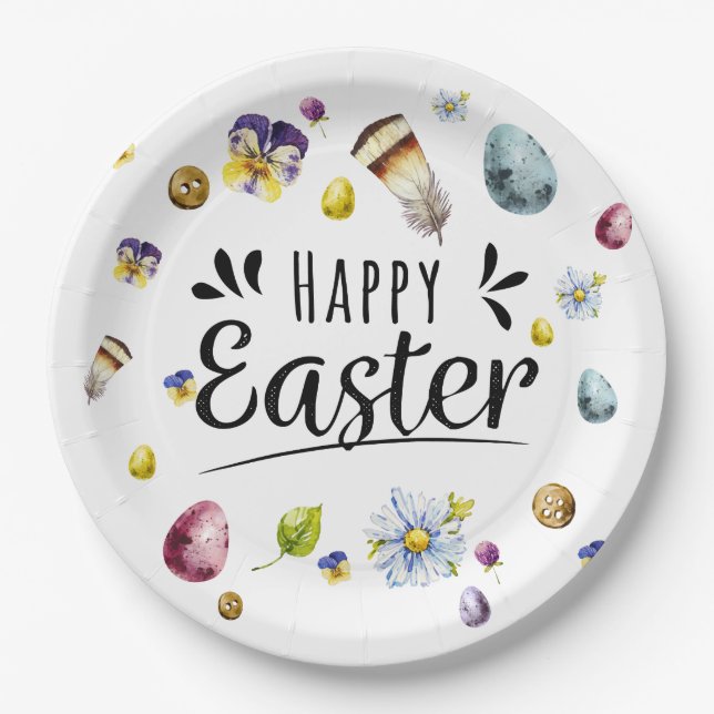 Boho Rustik Wasserfarbe Farbige Frohe Ostern Pappteller (Vorderseite)