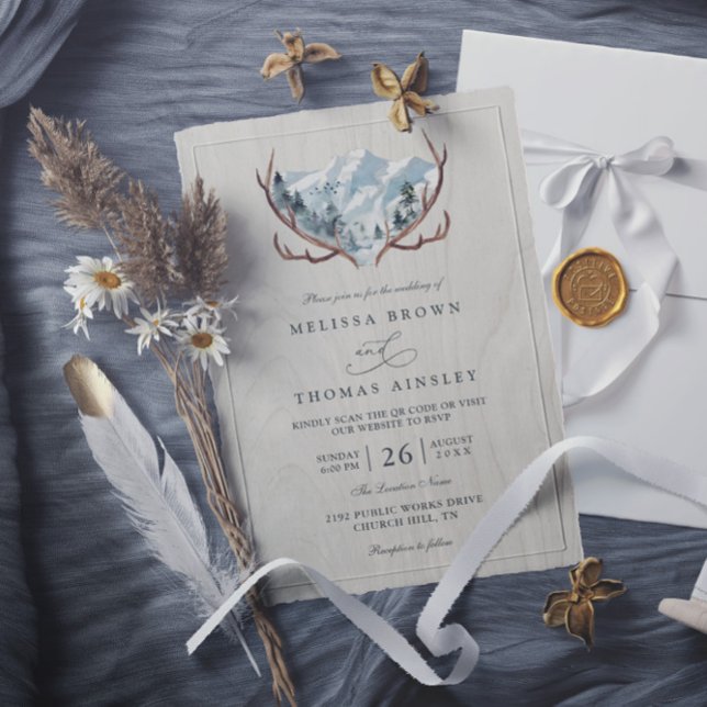 Boho-Rustikal-Holzwidderkopf-Berg-QR-Code-Hochzeit Einladung (Von Creator hochgeladen)