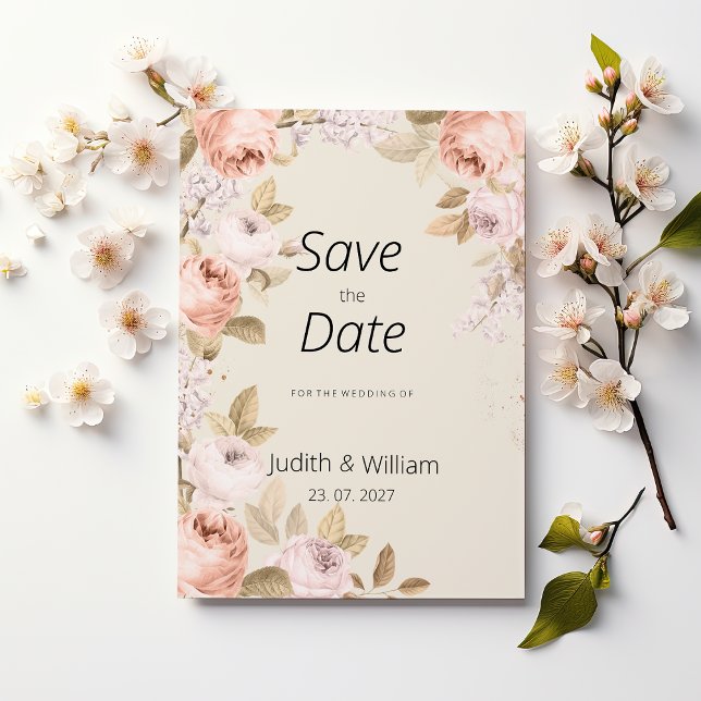 Boho rustikal rosa Korallenfresser, blumengeschmüc Einladung (Boho rustic pink coral ivory floral Save the Date)