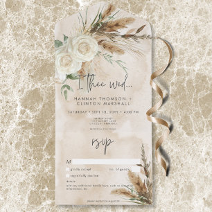 Boho Rustikal Weiße Rosen & Pampas Hochzeit ohne A All In One Einladung