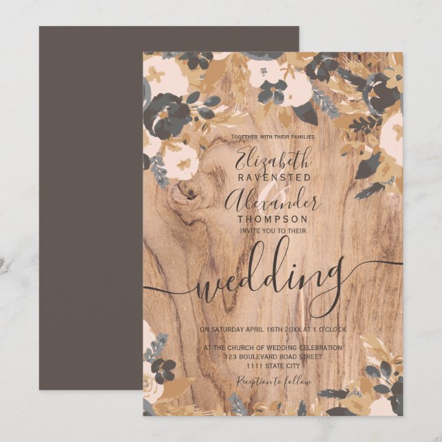 Boho rustikale Holz braune Baumwollpampas Hochzeit Einladung (Vorne/Hinten)