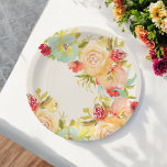 Boho rustikale hübsche florale Aquarell Brautparty Pappteller<br><div class="desc">Dieser Teller aus Brautparty ist mit einem atemberaubenden, handbemalten Blumenmuster geschmückt, das den Kern einer romantischen, rustikalen Feier perfekt abbildet. Der Teller zeichnet sich durch eine üppige Anordnung von Aquarellfarben in sanften, erdigen Farbtönen wie Pfirsich, Korallen, Grün und Gelb aus, die die Kanten elegant umrahmen. Die zarten Blüten von Rose,...</div>