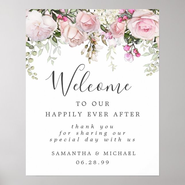 Boho Rustique rose blanc Floral Mariage Affiche de (Devant)