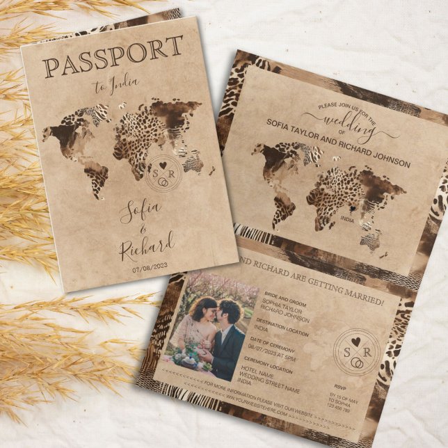 Boho Safari Leopard Wedding Passport World Map Einladung (safari leopard world map passport wedding illustration)