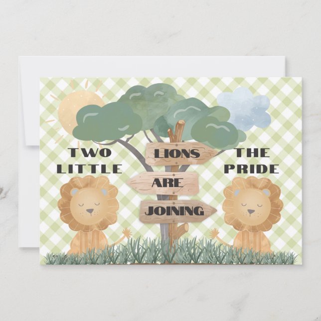 Boho Safari Twin Baby Lion Cubs Babydusche Einladung (Vorderseite)