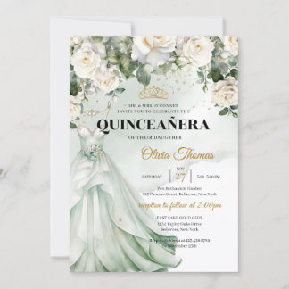 Boho Sage Dress & White Roses Grüne und Gold Einladung