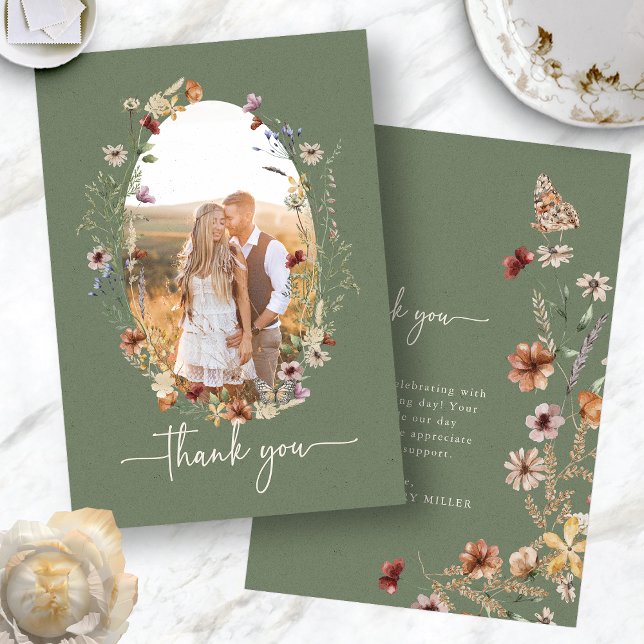 Boho Sage Foto Dankeschön Karte (Boho Sage Green Wildflower Photo Thank You Card with Butterfly by Painted Paperie
)