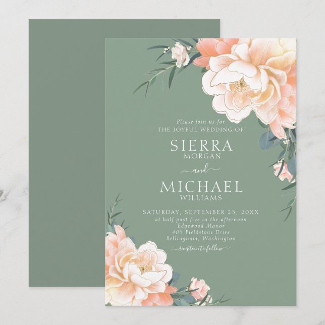 Boho Sage Green Blush Peach Cream Floral Wedding Einladung (Vorne/Hinten)