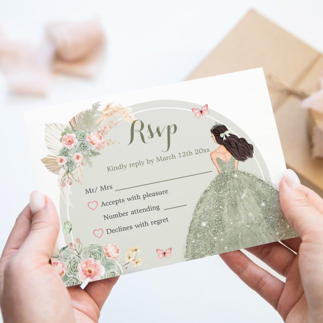 Boho Sage Green Blush Pink Quinceañera RSVP Karte (Von Creator hochgeladen)