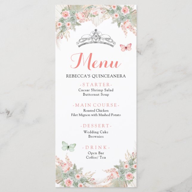 Boho Sage Green Blush Pink Royal Quinceañera Menükarte (Vorderseite)