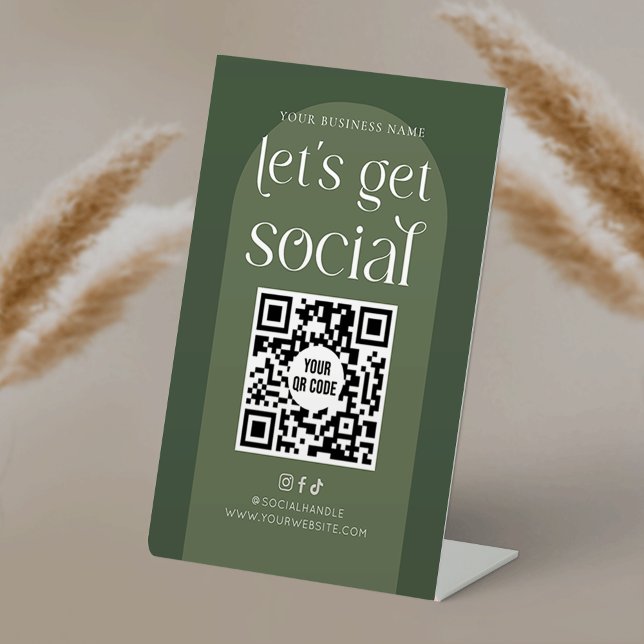 Boho Sage Green Business Social Media QR-Code Sockelschild (Lets get social boho style sage green pedestal sign with QR code)