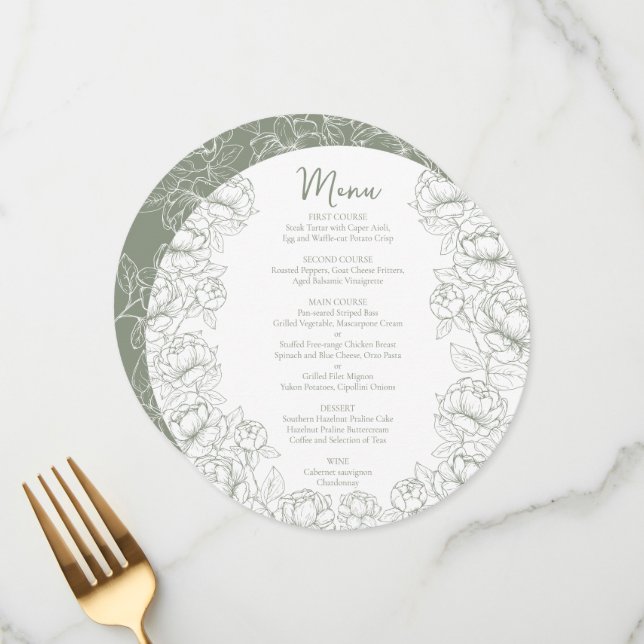 Boho Sage Green Chic Floral Modern Round Wedding Menükarte (Vorderseite/Rückseite Beispiel)